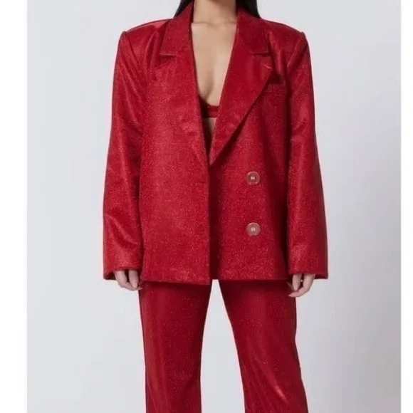SLA The Label Red Glitter Suit Set 3 pcs Blazer Bra pants - Picture 2 of 12